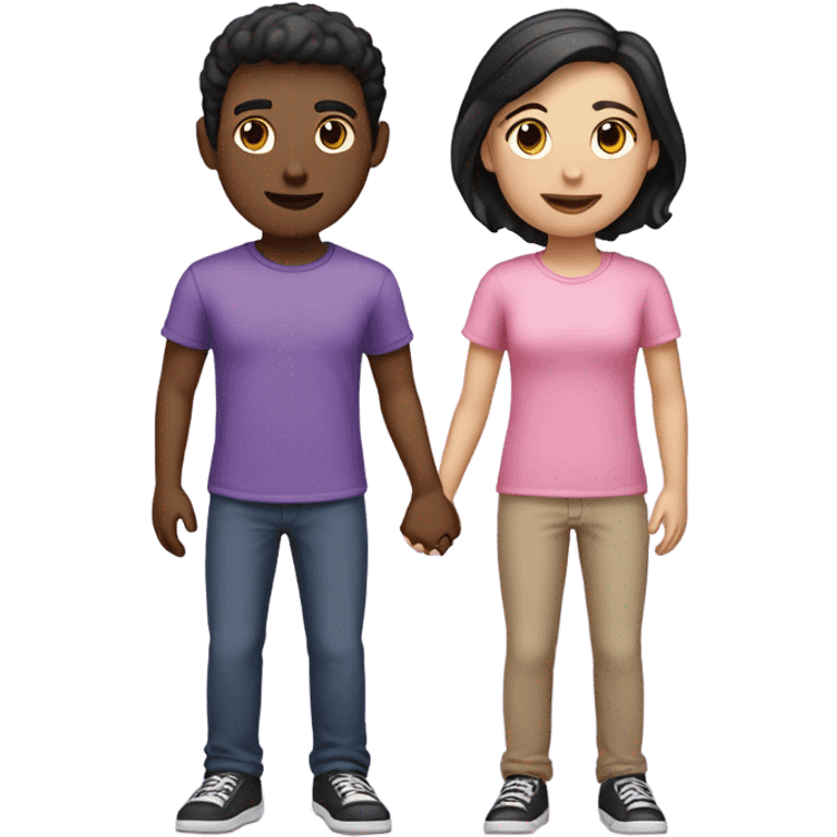 Two best friends holding hands. One with brown hair that’s pale and is wearing a pink shirt and one with black hair that’s tan and is wearing a purple shirt. emoji