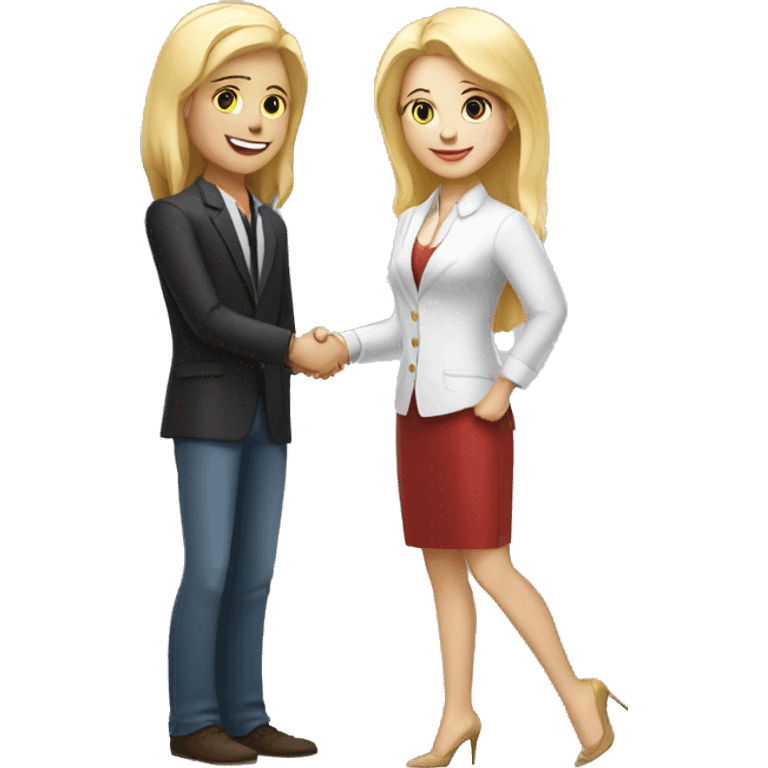 restaurant owner with white skin and blogger with white skin and blonde hair shaking hands in full height emoji