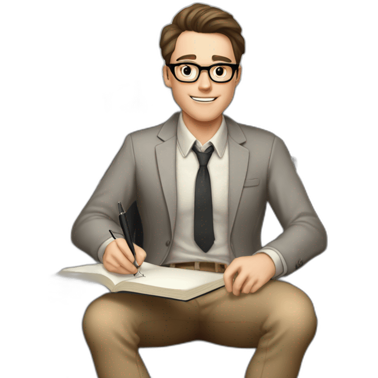 Pale skinned Fit Man With dark brown hair in gray jacket, beige office shirt, Brown pants and vintage glasses sitting In a soft chair with a notebook on spring with emblem Ψ and a pen emoji