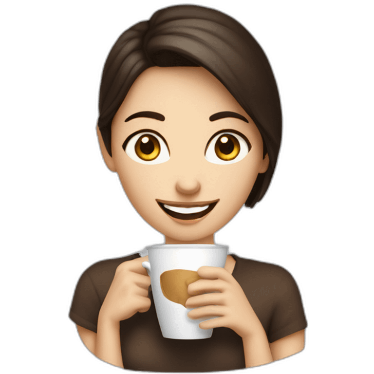 white young brunet woman with italian appearance with face visible nervous smile and eyes wide open holding a gigantic cup of coffee emoji