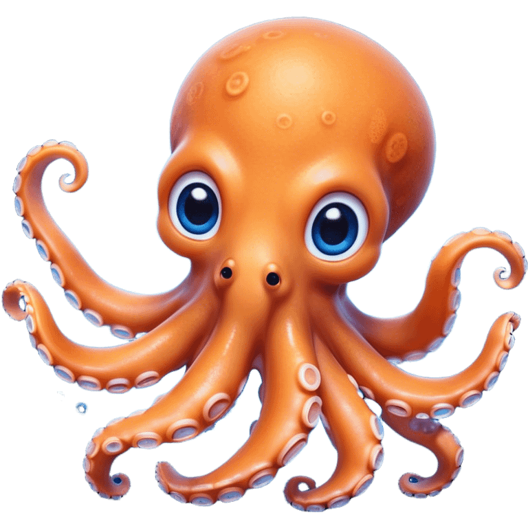 Cinematic Cute Octopus Portrait Emoji, Head tilted playfully and inquisitively, featuring a rounded, light orange body embellished with playful blue rings, eight adorably curling arms, and big, twinkling eyes full of wonder, Simplified yet irresistibly adorable features, highly detailed, glowing with a warm, inviting underwater glow, high shine, affectionate and lively, stylized with a touch of whimsical cartoon charm, soft glowing outline, capturing the essence of a mischievous yet loving octopus that seems as if it could bob out of the screen into your arms! emoji