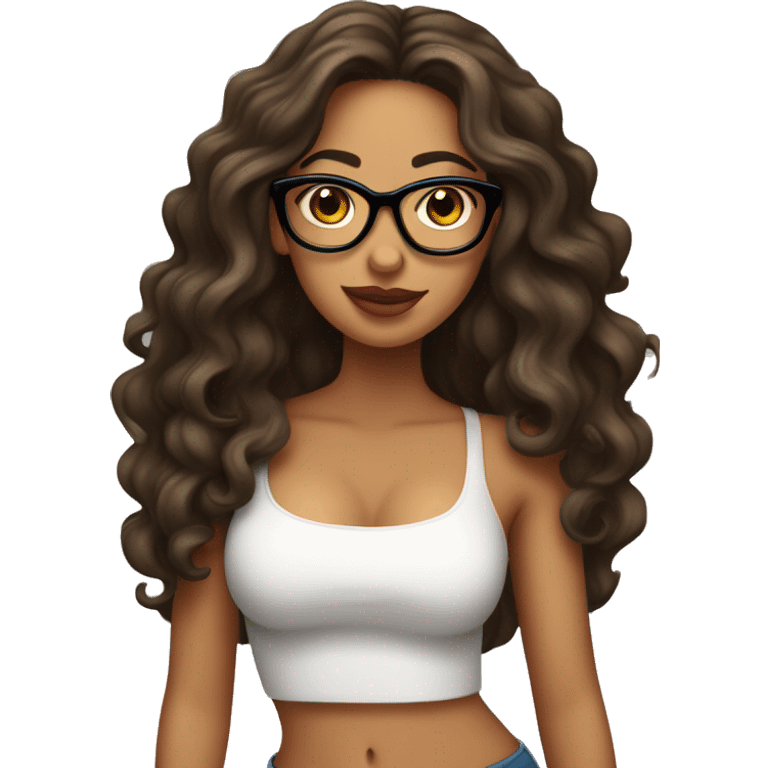 Latina girl with long wavy hair slim face and glasses with big lipswearing a tube top emoji