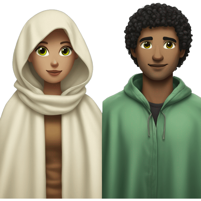 A women with pale skin and dark curly hair and a man with light dark skin, green eyes and black short hair cover in a blanket emoji