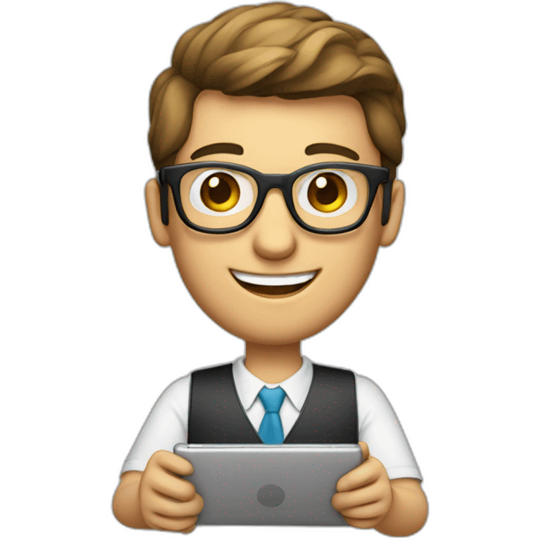 male virtual assistant with a smiling  holding a digital tablet or stylus wearing eye glasses emoji