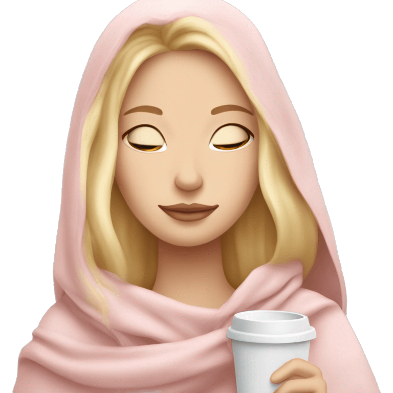 Blonde girl inside a light pink blancket sipping coffee eyes closed white skin blue eyes  emoji