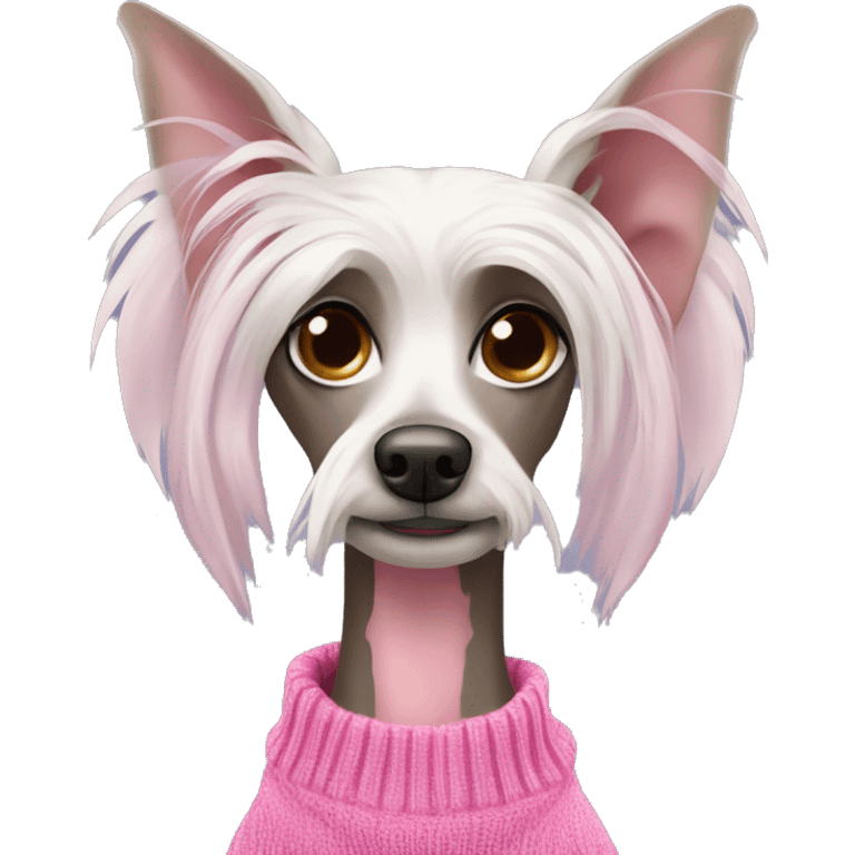 Chinese crested dog with droopy ears and pink sweater emoji