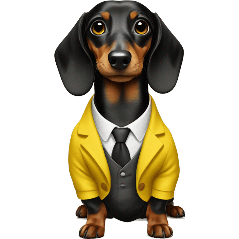 Black dapple dachshund in a yellow suit emoji