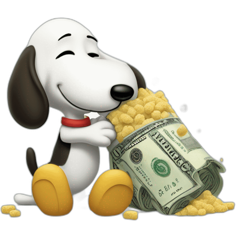 Rolled up dollar bill, held by snoopy in his paw hand pressed against his snout leaning over a pile of sugar and sniffing a pile of sugar through the dollar emoji