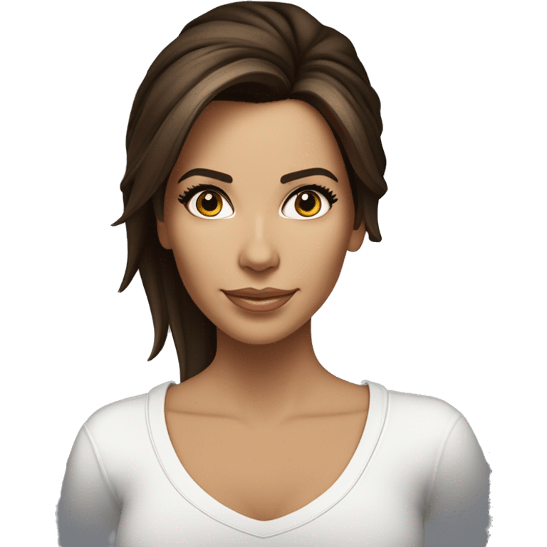 3/4 face, contrasted, shadow, light, Eva Longoria expression, standing from a distance, thin nose, brunette woman, hazel eyes, long eyelashes, dark shoulder shaded hair, white t-shirt, jeans, white sneakers emoji