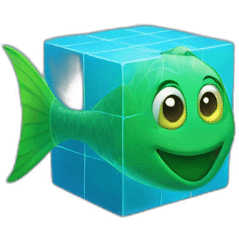 blue magic cube with a green face and a green fish tale emoji