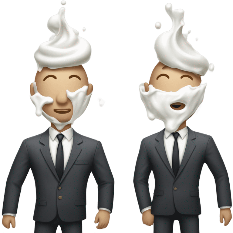 Two men covered in yogurt wearing suits with yogurt on their head emoji