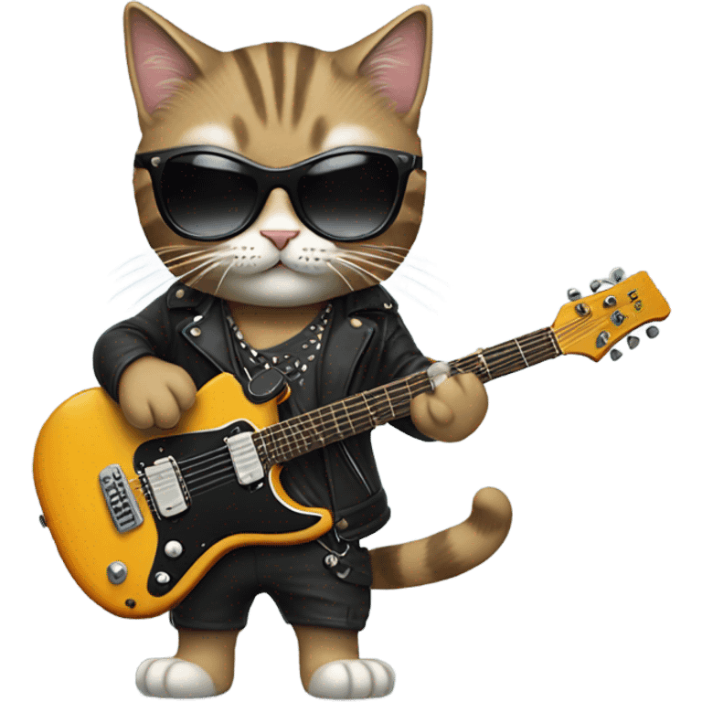 rockstar cat with electronic guitar and wearing sungl emoji