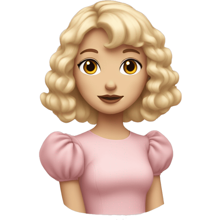 Blonde, pale girl with bangs and curly hair and a pastel pink puff sleeve dress emoji