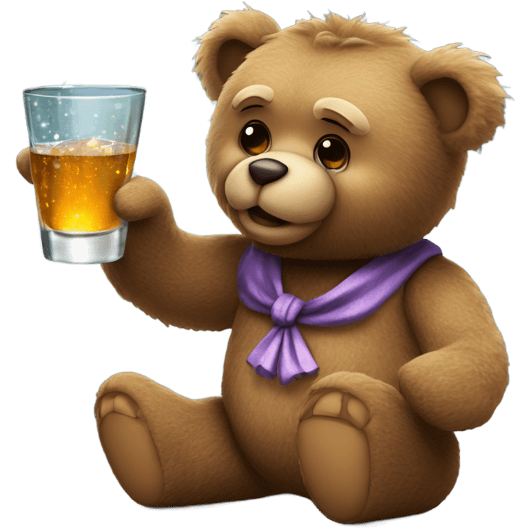 gruff teddy bear holding a gift that sparkles and a shot glass of liquor  emoji