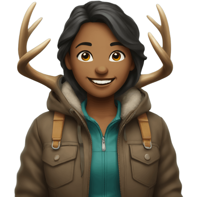 smiling girl outdoors with jacket holding elk horns emoji