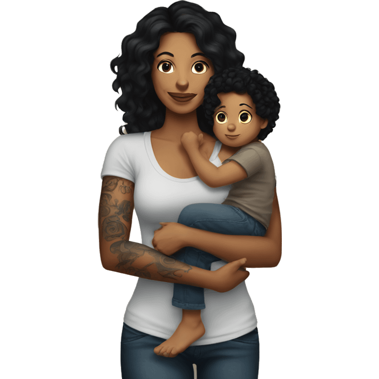  mom with tattoos on arm with long black hair holding a baby boy with dark brown curly hair  emoji