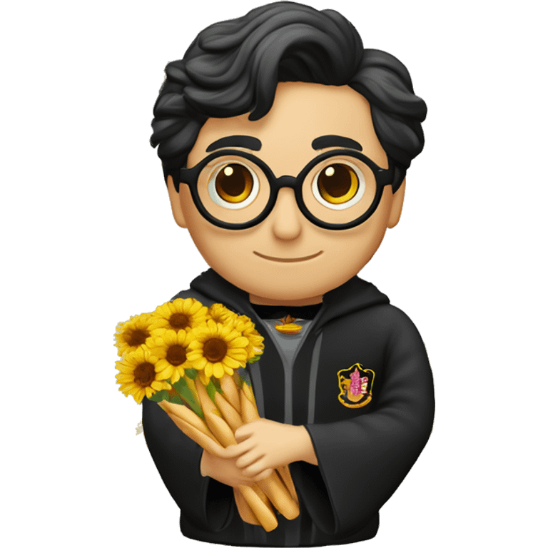 Harry potter avec les cheveux noir ondulés noir des lunettes ronde une cicatrice une baguette magique et un pot de fleur  emoji