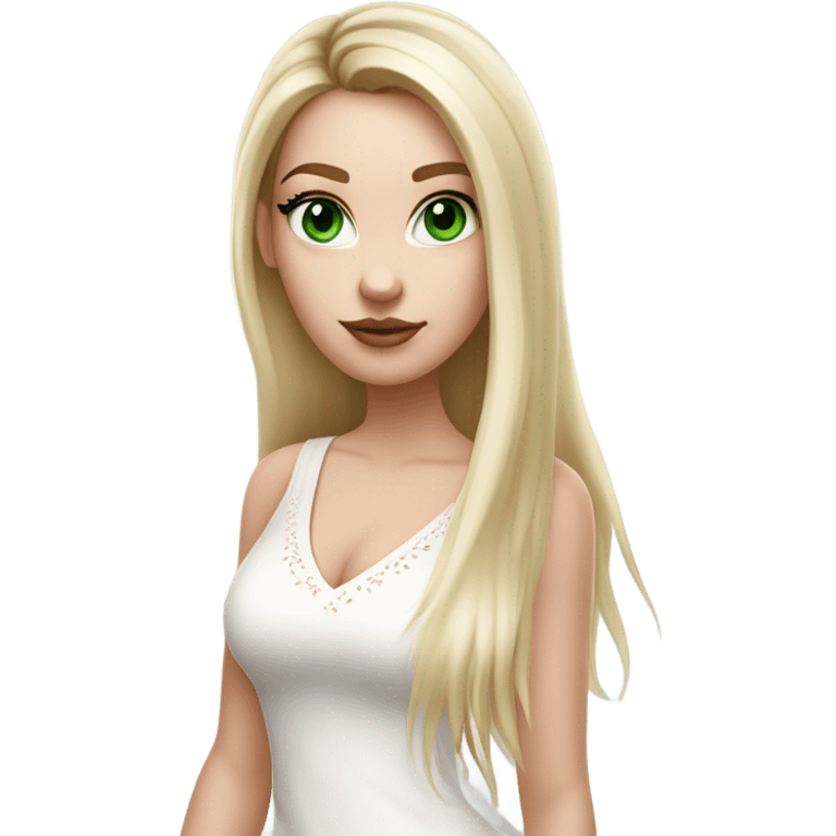 Realistic White girl with Long straight blonde hair, green eyes, tattoos, full body wearing white dress and pink knee-high leather boots, doing cute selfie pose emoji