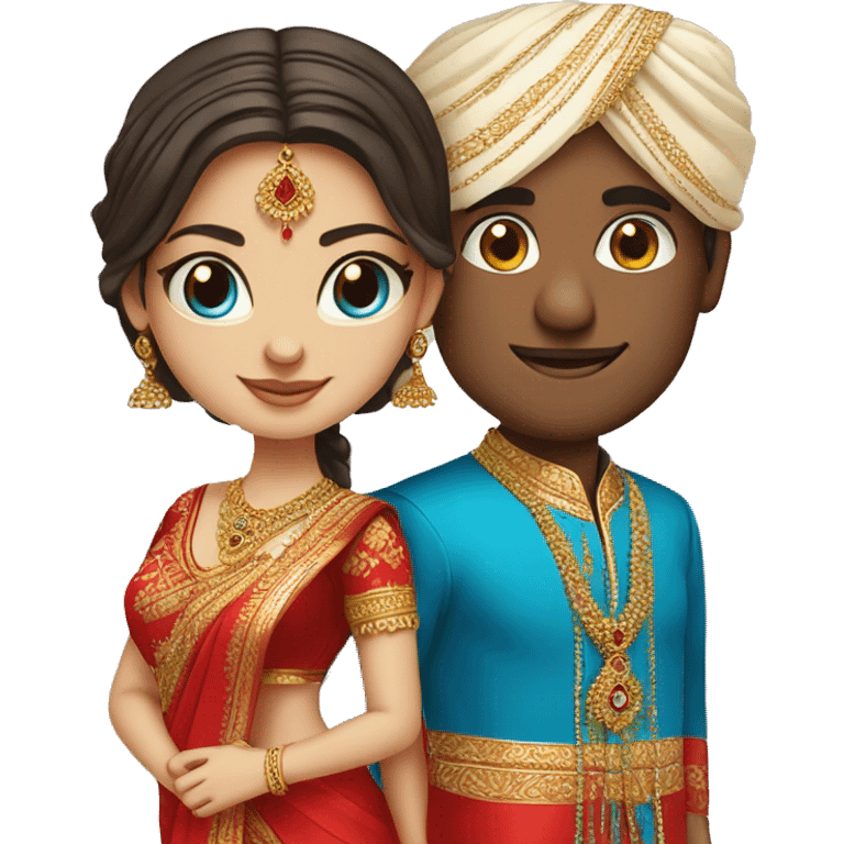 indian groom with white skin bride with blue eyes and same traditional red saree emoji