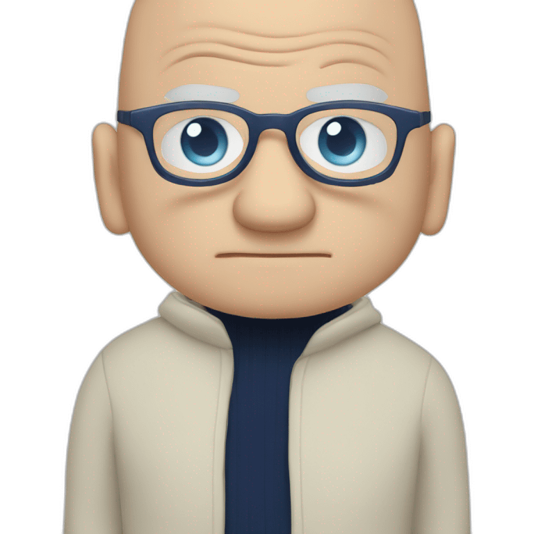 grumpy bald man with round glasses with navy sweater with blue eyes emoji