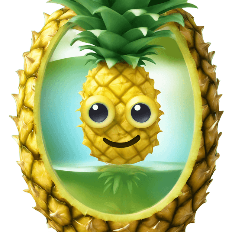 3D elegant pineapple🍍  with big shiny eyes 👀 pineapple holds mirror with its reflection 🪞🍍 emoji