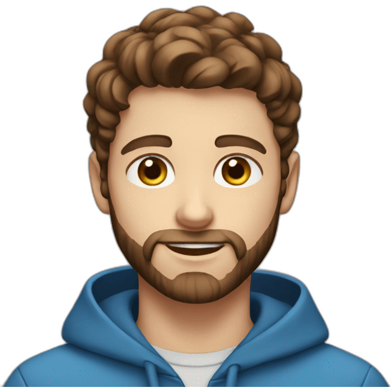 Young guy with brown hair and brown beard and blue eyes emoji