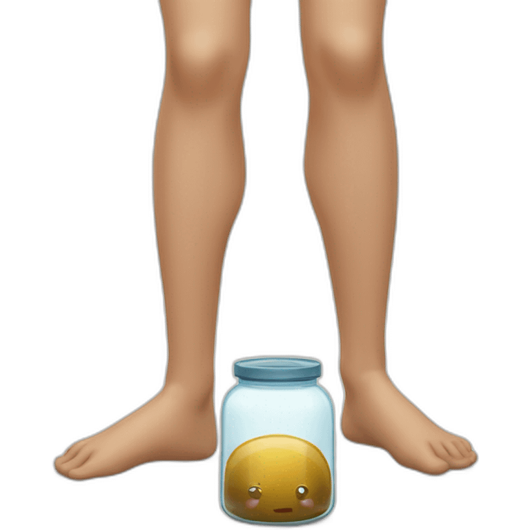 human legs standing on the floor with an empty transparent jar between them,outside,to the left and to the right,front view emoji