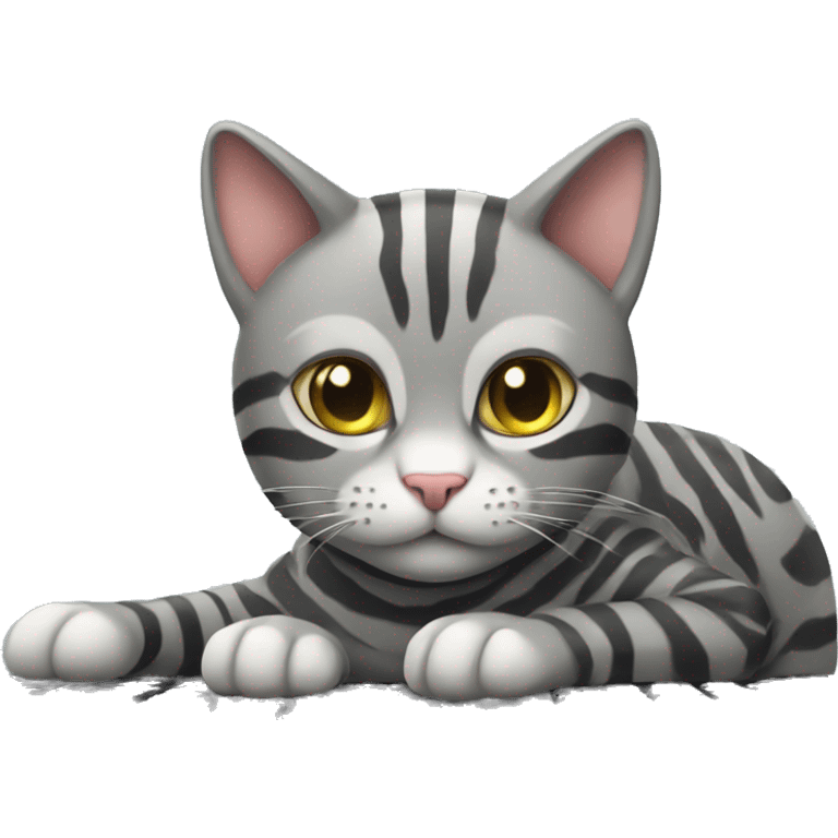 A striped grey cat is lying on the keyboard of the computer emoji