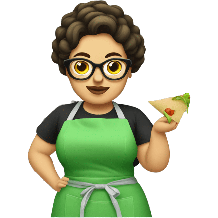 mexican chubby lady green apron  with glasses cooking tacos emoji