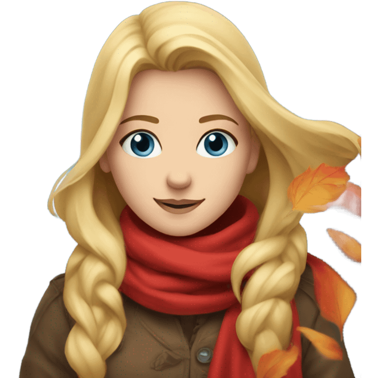 Blonde, blue-eyed girl in red scarf with falling leaves  emoji