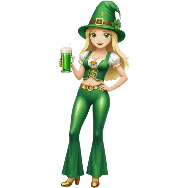 Blonde haired girl in glittery green bell bottoms and tall leprechaun hat holding a green beer emoji