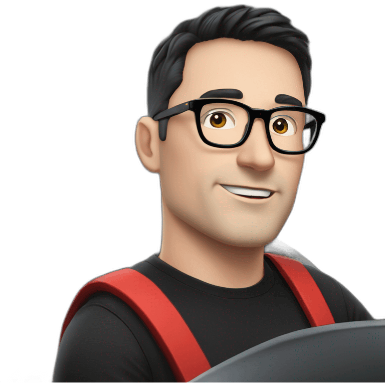 middle-age-lean-white-man-with-black-hair-&-glasses-wearing-tesla-t-shirt-inside-left-drive-black-tesla-model-3 emoji