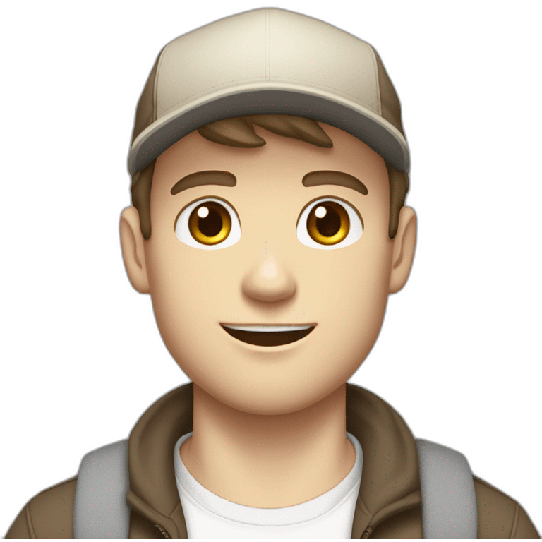 Pale skinned fit Man with dark brown hair in a beige cap, gray jeans, brown polo and white T-shirt keeping a pasted with tape white box into his hands emoji