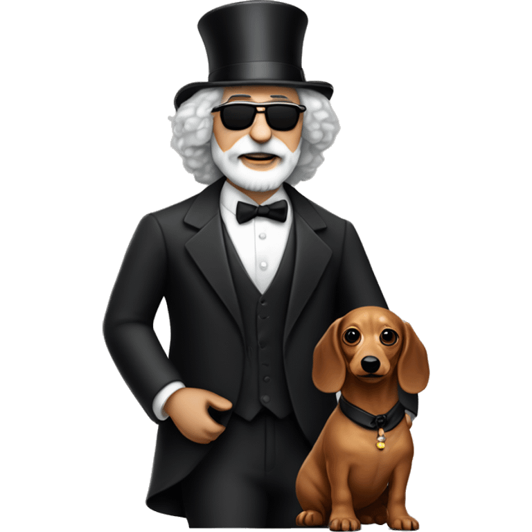 Jerry garcia with a daschund that is dressed in a tuxedo with a tophat emoji