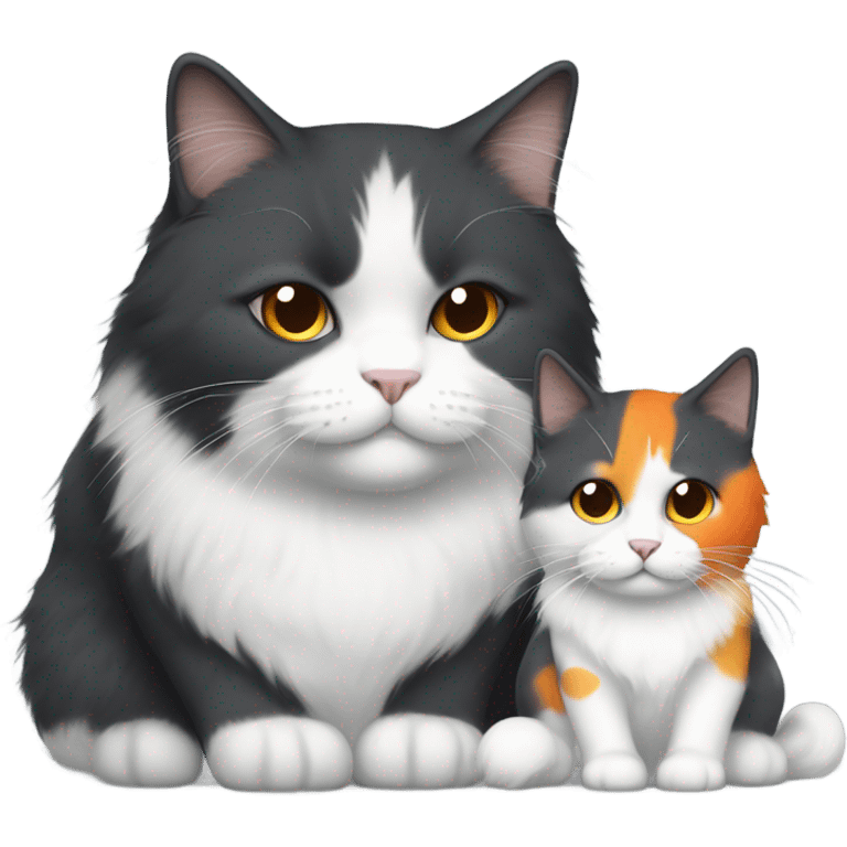 A black, great and white long hair chubby cat next to a slimmer mostly white with some orange spots cat  emoji