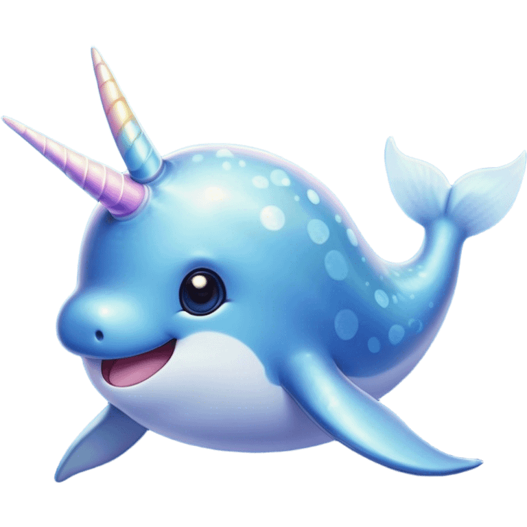 Cinematic Cute Cute Narwhal Portrait Emoji, Head tilted playfully and inquisitively, featuring a charming, sleek body with softly iridescent skin, a prominently spiraled tusk and large, twinkling eyes full of gentle wonder, Simplified yet irresistibly adorable features, highly detailed, glowing with a warm, inviting ocean glow, high shine, affectionate and lively, stylized with a touch of magical sea whimsy, soft glowing outline, capturing the essence of a mischievous yet endearing cute narwhal that seems as if it could frolic out of the screen into your heart! emoji