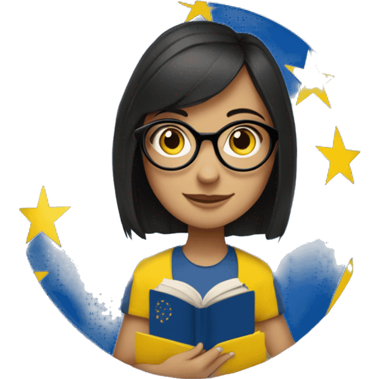 dark haired girl with glasses and a canary islands flag in one hand and a book in the other with the european stars circle in the background emoji