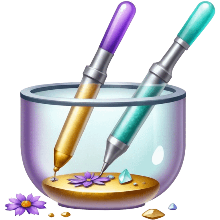 Jewelry making icon with epoxy resin used to encase materials like dried flowers, metals, stones, or pigments, resin with pearlescent, glitter, or shimmering effects, visible resin in tubes and mixing tools, minimalistic style, clean lines, transparent background. emoji