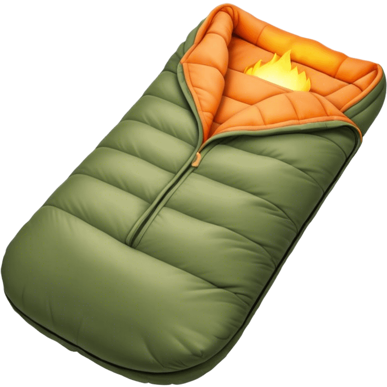 Cinematic Realistic Sleeping Bag, plush and slightly wrinkled, rich fabric texture catching the firelight, glowing with warmth and inviting coziness, nestled within a peaceful campsite. emoji