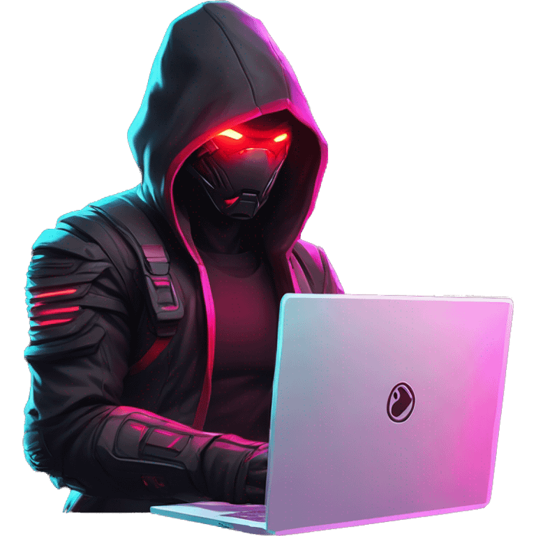 developer behind his laptop with this style : crysis Cyberpunk Riot Games Valorant neon glowing bright red character red dark black hooded assassin themed character emoji