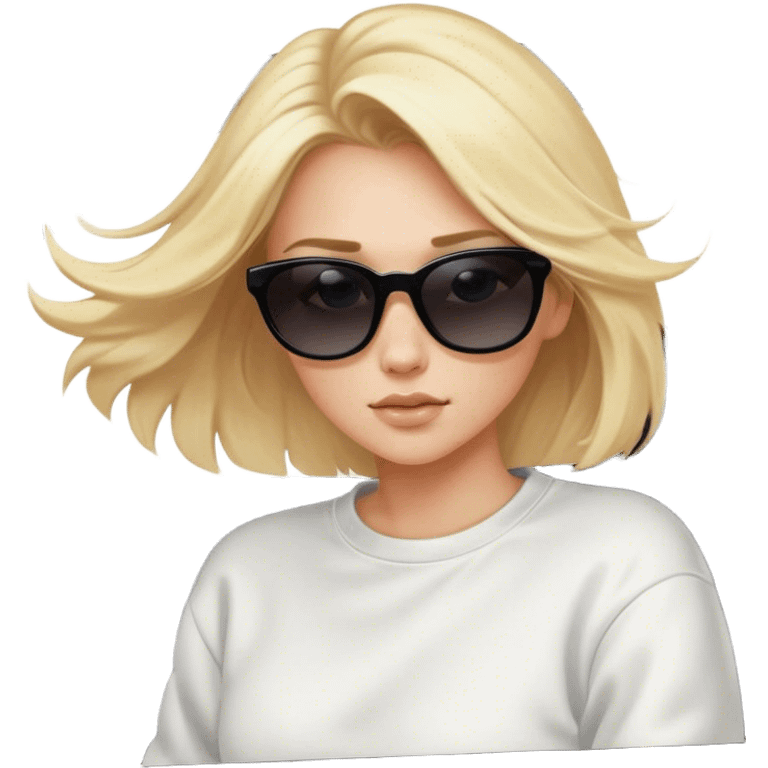 A cinematic realistic blonde in sunglasses, wearing a white sweatshirt, is driving a black car, her hair is slightly blowing in the wind. emoji