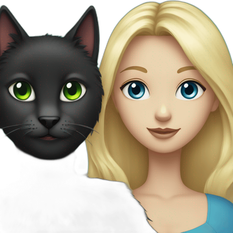 a black fluffy cat with blue eyes holds a blonde girl with green eyes emoji