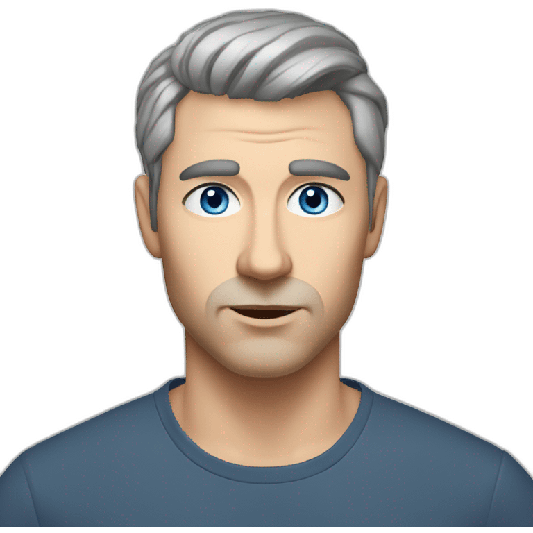 Scandinavian man, age in 40s, blue eyes, dark grey hair, short hair on the sides, more hair on the top large lips, slim face, dark tshirt, light eyebrows, no beard emoji