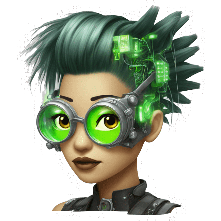 Neon green Mohawk hair Asian female cyborg head with silver steampunk goggles and circuits emoji