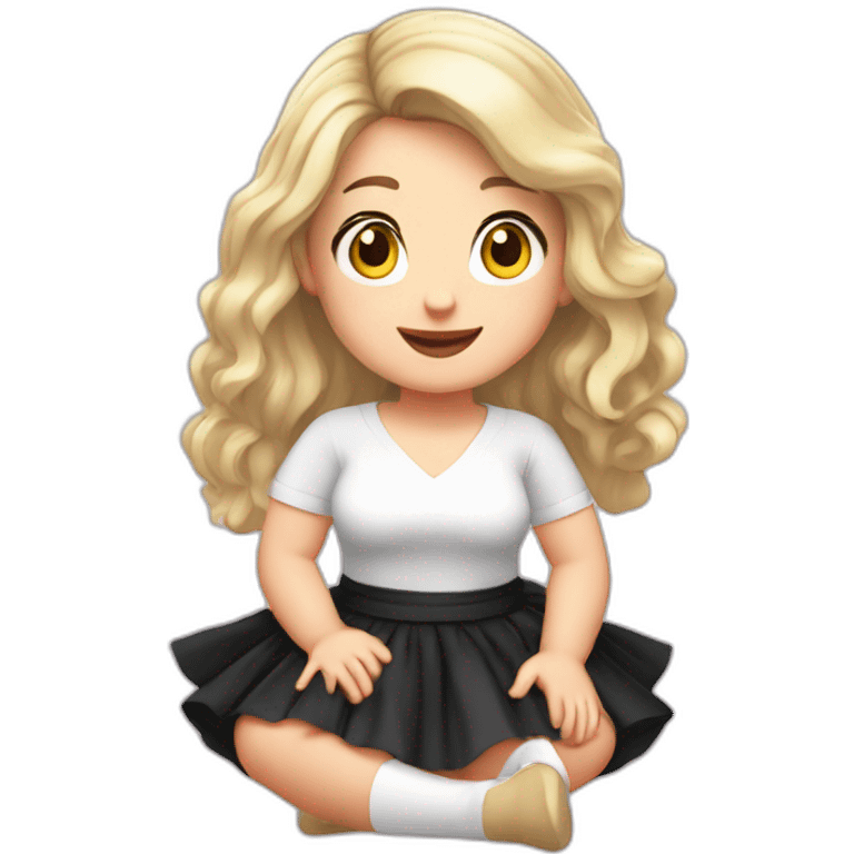 Front view full body curvy caucasian beauty sitting straight hands up black skirt white knickers white socks emoji