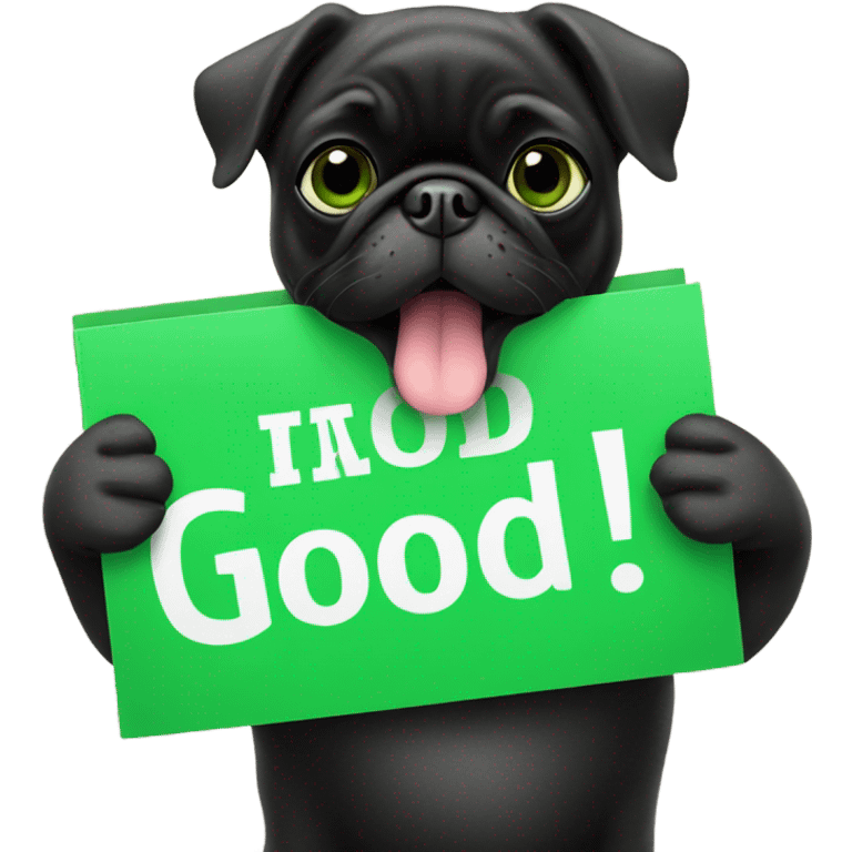 Black pug holding a green sign that says good luck  emoji