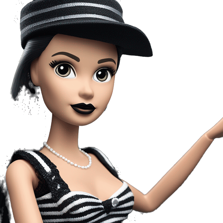 Bouclé Beauty Lingerie Barbie, Wednesday Addams from academy, in dark-gray and black striped outfit with hat. Driving 1965 Mercedes 190 emoji