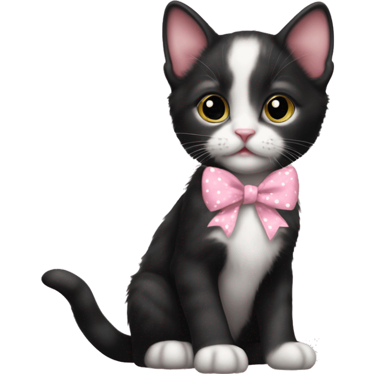 Baby Full body Tuxedo kitten with a pink polka dot ribbon Hazel eyes emoji