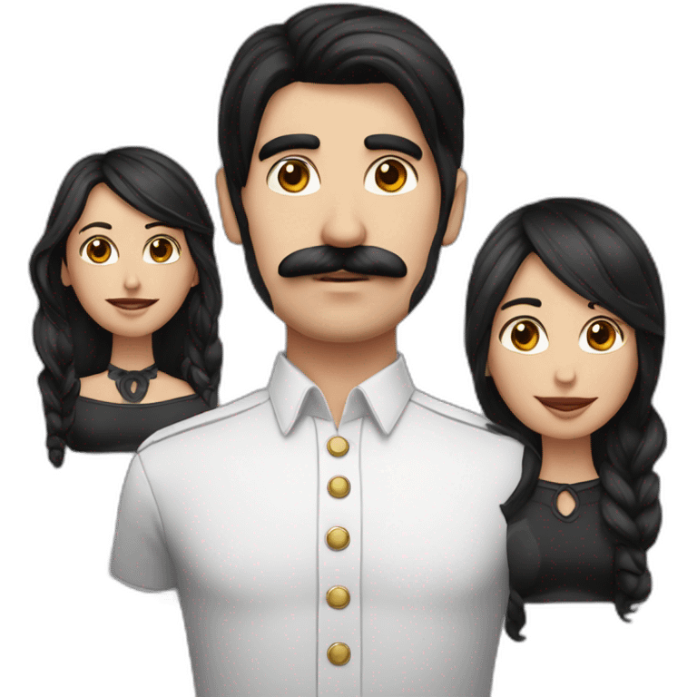 black hair with skin and moustache man couple with black and long hair with skin lady emoji