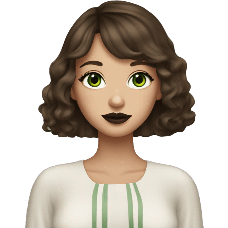 A beautiful women, with brown hair and curtain bangs, green eyes, dark feminine vibes and a little bit darker lipstick, showing her white nails  emoji